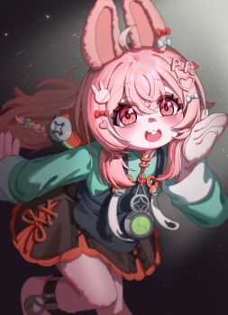 1girl absurdres animal_ears blue_bow bow braid buck_teeth commentary commission cosplay ear_bow hair_ornament heart heart_hair_ornament highres long_hair open_mouth phase_connect pink_eyes pink_hair pipkin_pippa rabbit_ears rabbit_girl rabbit_hair_ornament red_bow solo teeth virtual_youtuber yger zhao_(zenless_zone_zero) zhao_(zenless_zone_zero)_(cosplay)