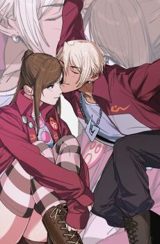 1boy 1girl :i :o ace_attorney ace_attorney_investigations aged_down airplane_arms alternate_costume amikoiiko ankle_boots apollo_justice:_ace_attorney badge blonde_hair blue_eyes blue_shirt blush boots brown_boots brown_hair brown_pants brown_shorts brown_thighhighs button_badge chain chain_necklace closed_eyes collarbone crossed_ankles dark-skinned_male dark_skin ema_skye eyewear_hang fingernails half_updo highres holding_own_wrist horizontal-striped_thighhighs initial jacket jewelry klavier_gavin lace-up_boots light_smile long_hair long_sleeves looking_at_another mismatched_eyebrows multicolored_jacket necklace open_clothes open_jacket outstretched_arms pants pink-tinted_eyewear pink_thighhighs pleated_pants red_jacket round_eyewear shirt short_hair shorts sitting sleeves_past_wrists smile spread_arms sunglasses thighhighs tinted_eyewear two-tone_jacket unworn_eyewear white-framed_eyewear white_jacket zoom_layer
