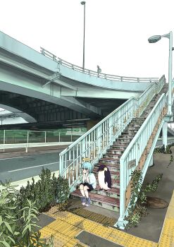 Rule 34 | 1girl, absurdres, animal, bird, black shorts, blue eyes, blue hair, blue shoes, grate, halo, hands on own cheeks, hands on own face, highres, lamppost, nickel ni plus, original, outdoors, overpass, penguin, plant, road, scenery, sewer grate, shirt, shoes, shorts, sitting, socks, solo, stairs, white shirt, white socks