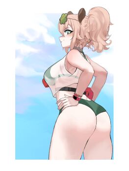 1girl animal_ears ass bikini bikini_visible_through_clothes blue_sky border bracelet breasts brown_hair chemauhh closed_mouth cloud eyewear_on_head flower-shaped_eyewear from_side green-tinted_eyewear green_bikini green_eyes hands_on_own_hips hashtag-only_commentary highres indie_virtual_youtuber jewelry large_breasts lifeguard long_hair looking_at_viewer looking_to_the_side nimi_nightmare nimi_nightmare_(lifeguard) official_alternate_costume ponytail see-through_tank_top sky smile solo standing sunglasses swimsuit tapir_ears tapir_girl tinted_eyewear virtual_youtuber waist_bag white_border