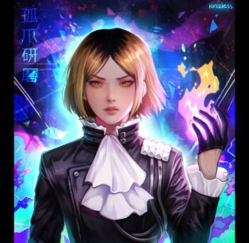 1boy artist_name ascot asya_(krizless) black_gloves black_hair black_jacket blonde_hair collared_jacket commentary cosplay fire flaming_hand frilled_shirt_collar frilled_sleeves frills gloves haikyuu!! half_gloves highres jacket kozume_kenma lio_fotia lio_fotia_(cosplay) male_focus multicolored_hair parted_lips pillarboxed pyrokinesis roots_(hair) solo symbol-only_commentary two-tone_hair upper_body white_ascot yellow_eyes