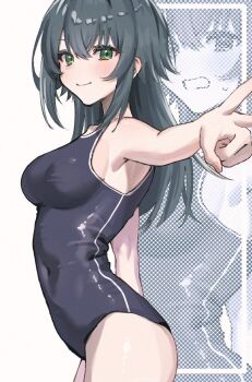 1girl asupa_mayo0210 black_one-piece_swimsuit breasts clenched_teeth commentary competition_school_swimsuit covered_navel gakuen_idolmaster green_eyes grey_hair hair_flaps highres idolmaster large_breasts long_hair looking_at_viewer multiple_views one-piece_swimsuit school_swimsuit sideboob smile swimsuit teeth tsukimura_temari v wet wet_clothes wet_swimsuit