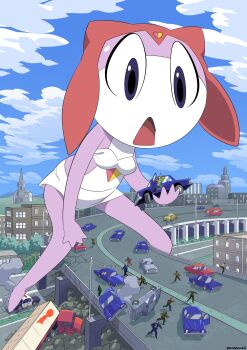 3girls 6+girls absurdres alien animal barefoot black_shoes blue_jacket blue_pants bra brown_jacket brown_pants brown_shoes building car car_crash church cloud colored_skin dangerking11 destruction flying_sweatdrops frog giant giantess grass green_skin green_skirt hat heart heart_print highres highway holding jacket keroro keroro_gunsou long_sleeves looking_down motor_vehicle multiple_girls o_o open_clothes open_jacket open_mouth panties pants pavement pink_hat pink_skin police_car print_hat purple_eyes pururu road rubble running semi_truck shirt shoes skirt sky standing star_(symbol) surprised trailer tree truck underwear white_bra white_panties white_shirt yellow_hat