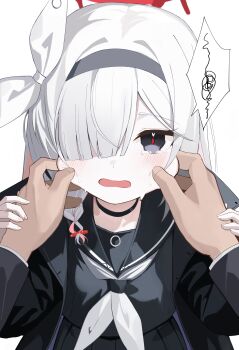Rule 34 | 1girl, absurdres, black hairband, black serafuku, blue archive, braid, cheek pinching, commentary request, crying, crying with eyes open, hair ribbon, hairband, halo, hands on another's cheeks, hands on another's face, highres, iv (iv70311741), jacket, neckerchief, open clothes, open jacket, pinching, plana (blue archive), pov, red halo, ribbon, school uniform, serafuku, single braid, tears, wavy mouth, white background, white hair, white neckerchief