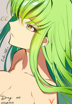 1girl 2025 absurdres breasts c.c. character_name cleavage code_geass collarbone crossed_bangs green_hair grey_background hair_between_eyes highres kabu_xblezzz long_hair medium_breasts nude parted_bangs portrait signature solo straight_hair yellow_eyes