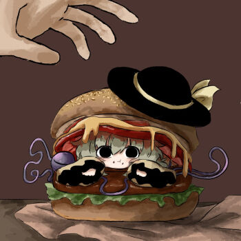 1girl 1other black_hat brown_background burger food green_hair hat hat_ribbon heripantomorrow komeiji_koishi long_sleeves ribbon shirt short_hair third_eye touhou yellow_ribbon yellow_shirt