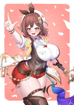 1girl absurdres alternate_breast_size_(larger) atelier_(series) atelier_ryza atelier_ryza_3 beret bracelet braid breasts brown_eyes brown_gloves brown_hair brown_vest choker clover_hair_ornament commentary_request crown_braid earrings floating_earrings gloves hair_ornament hat highres huge_breasts jewelry korean_commentary large_breasts leather leather_belt leather_gloves litiya multiple_bracelets multiple_necklaces necklace open_mouth red_shorts reisalin_stout short_hair short_shorts shorts single_glove smile solo star_(symbol) star_choker star_earrings star_necklace thighhighs thighs vest white_hat x_hair_ornament