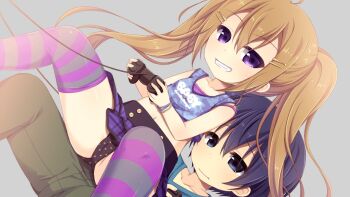 1boy 1girl ahoge aoi_aruma blue_eyes blue_hair blue_shirt blue_tank_top blush bob_cut breasts brown_hair camisole clenched_teeth closed_mouth collarbone controller cowboy_shot game_cg game_controller girl_on_top green_pants hair_between_eyes hair_ornament hairclip himukai_ao_(jissai_no_tokoro) holding holding_controller holding_game_controller izuno_shiun_(jissai_no_tokoro) jissai_no_tokoro kodomo_doushi large_variant_set loli long_hair looking_back miniskirt naughty_face navel open_mouth panties pants pleated_skirt polka_dot polka_dot_panties purple_camisole purple_skirt raised_inner_eyebrows shirt short_hair sidelocks simple_background sitting sitting_on_lap sitting_on_person skirt small_breasts smile striped_clothes striped_thighhighs tank_top teeth thighhighs thighs twintails underwear variant_set very_long_hair