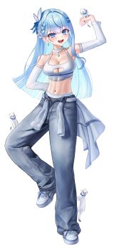 1girl absurdres blue_eyes blue_hair blush braid breasts character_request cleavage cleavage_cutout clothes_around_waist clothes_writing clothing_cutout collarbone commentary copyright_request creature crop_top cropped_shirt denim detached_sleeves earrings eruthu grey_panties grey_pants hair_ornament hairclip hand_on_own_hip hand_up highres jeans jewelry large_breasts leg_up long_hair long_legs long_sleeves looking_at_viewer midriff navel open_fly open_mouth open_pants panties pants shirt shoes side_braid sleeveless sleeveless_shirt smile sneakers sports_panties standing standing_on_one_leg straight_hair symbol-only_commentary toned toned_female unbuttoned underwear underwear_writing white_shirt white_shoes white_sleeves