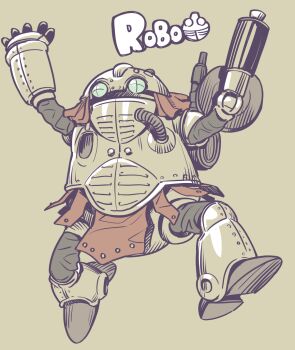 1other arm_cannon chrono_trigger green_eyes hands_up highres joints macoso no_humans robo_(chrono_trigger) robot shoes simple_background solo_focus weapon yellow_background