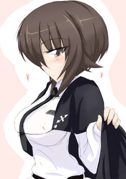 Rule 34 | absurdres, alternate costume, anzio school uniform, belt, black belt, black cape, black necktie, blush, breasts, brown eyes, brown hair, cape, commentary request, covered erect nipples, cross, eyes visible through hair, from side, girls und panzer, hair between eyes, heart, highres, holding, iron cross, large breasts, long sleeves, looking at viewer, naruka box, necktie, nishizumi maho, pink background, school uniform, short hair, two-tone background, upper body, white background