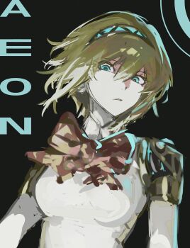 Rule 34 | 1girl, aigis (persona), android, black background, blonde hair, blue eyes, bow, bowtie, breasts, commentary request, english text, hairband, highres, joints, k1kiwa, looking down, parted lips, persona, persona 3, portrait, red bow, red bowtie, robot joints, short hair, simple background, solo