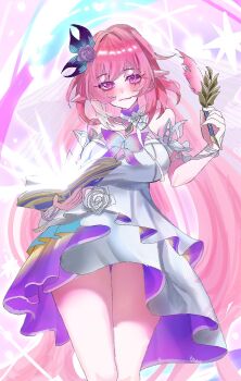 Rule 34 | 1girl, book, breasts, commentary request, cyrene (honkai: star rail), cyrene (ripples of past reverie) (honkai: star rail), diamond-shaped pupils, diamond (shape), dress, flower, gettou0 0, hair flower, hair ornament, halo, highres, holding, holding book, holding wheat, honkai: star rail, honkai (series), large breasts, long hair, looking at viewer, open book, pink hair, pointy ears, purple eyes, simple background, solo, symbol-shaped pupils, thighs, very long hair, white background, white dress