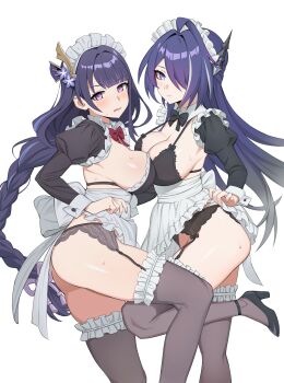 2girls absurdres acheron_(honkai:_star_rail) ahoge apron black_bow black_thighhighs blush bow bowtie braid commentary_request crossover frilled_thighhighs frills garter_belt genshin_impact hair_over_one_eye highres honkai:_star_rail honkai_(series) long_braid long_hair looking_at_viewer low-braided_long_hair low-tied_long_hair maid maid_apron mole mole_under_eye multicolored_hair multiple_girls purple_eyes purple_hair raiden_shogun red_bow simple_background single_braid streaked_hair thighhighs unconventional_maid white_apron white_background white_hair ziko