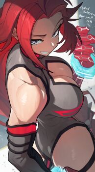 1girl breasts cleavage cleavage_cutout clothing_cutout commission elbow_gloves gloves grey_eyes grey_gloves grey_leotard grin hata4564 highres large_breasts leotard long_hair looking_back original parted_bangs red_gloves red_hair skeb_commission smile solo