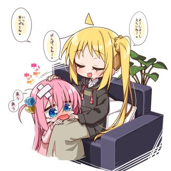 2girls ahoge bandaid bandaid_on_head black_hoodie blonde_hair blue_eyes blush bocchi_the_rock! brown_skirt chibi chibi_only chika_(06chimika13) collared_shirt commentary_request crossed_bandaids crying crying_with_eyes_open gotoh_hitori hair_between_eyes hand_on_another's_head headpat hood hood_down hoodie ijichi_nijika jacket long_hair long_skirt long_sleeves multiple_girls open_mouth pillow pink_hair pink_jacket shirt side_ponytail sidelocks sitting skirt smile speech_bubble tears track_jacket translation_request white_shirt