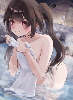 1boy 2girls absurdres anger_vein blush brown_hair caelus_(honkai:_star_rail) commentary_request completely_nude cowboy_shot firefly_(honkai:_star_rail) grey_hair hair_between_eyes highres holding holding_towel honkai:_star_rail honkai_(series) ituo long_hair looking_at_viewer multiple_girls naked_towel nude onsen outdoors partially_submerged purple_eyes smile sparkle_(honkai:_star_rail) thighs towel trailblazer_(honkai:_star_rail) twintails very_long_hair yellow_eyes