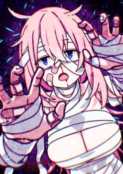 1girl artist_name bandages bandaid bandaid_on_face bandaid_on_finger bandaid_on_hand bandaid_on_nose blood blue_eyes breasts chromatic_aberration claw_pose cleavage commentary_request dated fangs hair_between_eyes highres hogerarara large_breasts long_hair looking_at_viewer michinoku_komaro naked_bandage nosebleed open_mouth pink_hair purple_background seitokai_ni_mo_ana_wa_aru! solo twitter_username upper_body