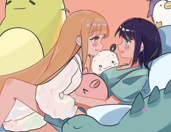 Rule 34 | 2girls, ahoge, aqua eyes, between legs, bluebird (bluebird), blush, cho kaguya-hime!, commentary, eye contact, fushi (cho kaguya-hime!), green shirt, hashtag-only commentary, highres, kaguya (cho kaguya-hime!), looking at another, medium hair, mole, mole under eye, multiple girls, open mouth, orange hair, pink background, purple hair, red eyes, sakayori iroha, shirt, simple background, smile, stuffed animal, stuffed octopus, stuffed penguin, stuffed toy, white shirt, yuri
