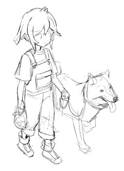 1girl bag child closed_mouth commentary_request dog full_body handbag holding holding_leash leash looking_at_another mechnmechn monochrome original overalls shiba_inu shirt shoes short_hair short_sleeves sidelocks simple_background sketch solo tongue tongue_out unfinished walking white_background