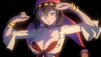1girl animated animated_gif black_hair bouncing_breasts bracelet breasts choker cleavage code_geass code_geass:_boukoku_no_akito dancer dancing earrings female_focus gypsy jewelry kousaka_ayano large_breasts screencap shiny_skin