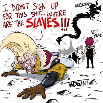 ! 6+boys annoyed beard bleeding blonde_hair blood charlotte_katakuri clenched_teeth dragon edward_newgate english_text facial_hair figarland_garling flying hat highres holding holding_weapon humiliation imu_(one_piece) jaygarcia_saturn kaidou_(one_piece) long_beard looking_at_another lying multiple_boys mustache on_stomach one_piece pectorals pointy_hair rocks_d._xebec scarf shaded_face short_hair silhouette speech_bubble sweat teamwork teeth toadgashi trembling weapon white_background