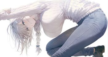 1girl bent_over black_shoes blue_eyes braid breasts commentary_request denim from_side grey_hair huge_breasts jeans kurono_mitsuki long_hair looking_at_viewer mature_female original pants parted_lips ribbed_sweater shoes smile solo sweater tomboy&#039;s_mother_(kurono_mitsuki) white_background white_sweater