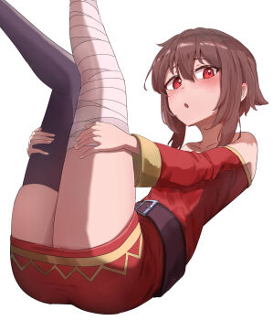 1girl :o absurdres bandaged_leg bandages bare_shoulders belt black_belt black_thighhighs blunt_bangs blush brown_hair collarbone commentary dress feet_out_of_frame hair_between_eyes highres hugging_own_legs knees_together_feet_apart kono_subarashii_sekai_ni_shukufuku_wo! legs_up loli long_sleeves looking_at_viewer lying megumin no_headwear off-shoulder_dress off_shoulder on_back open_mouth red_dress red_eyes shiraiyu short_dress short_hair_with_long_locks simple_background single_thighhigh solo thighhighs thighs white_background wide_sleeves zettai_ryouiki
