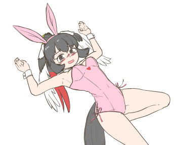 1girl absurdres alternate_costume animal_ears bare_legs bare_shoulders bird_girl bird_tail bird_wings black_eyes black_hair blush cowboy_shot embarrassed fake_animal_ears hair_between_eyes head_wings highres kemono_friends leotard multicolored_hair nokemono-san_(bocchi_friend) nose_blush pink_leotard ponytail rabbit_ears red_hair saddlebilled-stork_(kemono_friends) sidelocks sleeveless solo strapless strapless_leotard tail white_hair wings wrist_cuffs