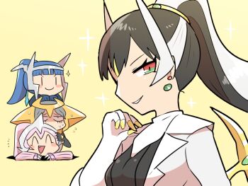 1boy 3girls arceus blue_hair cartier_(kasugai_(de-tteiu)) chibi commentary dialga eve_(kasugai_(de-tteiu)) gen_4_pokemon giratina hand_on_own_chin horns human_stacking kasugai_(de-tteiu) legendary_pokemon looking_at_viewer maiden_(kasugai_(de-tteiu)) maria_(kasugai_(de-tteiu)) multicolored_eyes multicolored_hair multiple_girls mythical_pokemon nintendo palkia personification pokemon pokemon_dppt ponytail red_eyes sparkle yellow_background