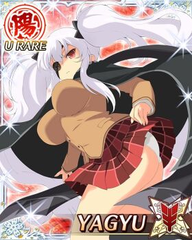 Rule 34 | 1girl, ass, black cape, border, breasts, brown jacket, cape, card (medium), character name, closed mouth, eyepatch, game cg, jacket, large breasts, light frown, long hair, looking at viewer, looking back, official art, panties, pantyshot, plaid clothes, plaid skirt, red eyes, red skirt, senran kagura, senran kagura new wave, shuriken hair ornament, skirt, solo, third-party source, twintails, underwear, very long hair, white hair, white panties, yagyu (senran kagura)