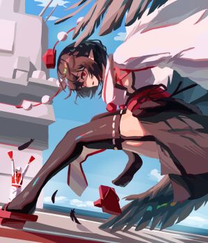 Rule 34 | 1girl, 1other, absurdres, ametonalu, bird wings, black thighhighs, blue sky, brown hair, cloud, commentary request, day, detached sleeves, falling feathers, feathered wings, feathers, geta, hat, highres, japanese clothes, kimono, kourindou tengu costume, looking at viewer, obi, ocean, official alternate costume, open mouth, outdoors, pointy ears, pom pom (clothes), red hat, red sash, ribbon-trimmed thighhighs, ribbon trim, sash, shaded face, shameimaru aya, ship, sky, smile, solo, tengu-geta, thighhighs, tokin hat, touhou, watercraft, white kimono, wings