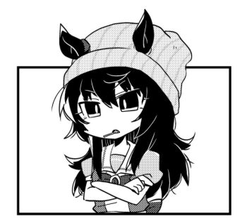 1girl animal_ears beanie beer_hsk bow commentary_request cropped_torso crossed_arms ears_through_headwear greyscale hat horse_ears long_hair monochrome nakayama_festa_(umamusume) parted_lips puffy_short_sleeves puffy_sleeves school_uniform short_sleeves simple_background solo striped_clothes striped_headwear tracen_school_uniform umamusume upper_body vertical-striped_clothes vertical-striped_headwear white_background