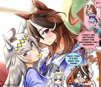 3girls after_kiss ahoge animal_ears blue_eyes blush bow bowtie brown_hair closed_eyes closed_mouth cookie cookie_tin_(object) ear_ornament earrings english_text food food_in_mouth grey_hair hair_between_eyes hair_ornament hairband highres horse_ears horse_girl indoors jewelry kiss lipstick_mark long_hair multicolored_hair multiple_girls o_o oguri_cap_(umamusume) open_mouth puffy_short_sleeves puffy_sleeves purple_bow purple_eyes purple_shirt sailor_collar sailor_shirt school_uniform shirt short_sleeves single_earring speech_bubble streaked_hair symboli_rudolf_(umamusume) tofufuyu0112 tokai_teio_(umamusume) tracen_school_uniform umamusume upper_body white_hair white_sailor_collar yuri