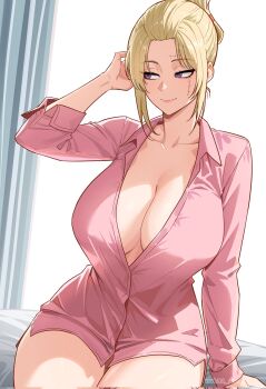 Rule 34 | 1girl, blonde hair, breasts, cleavage, closed mouth, commentary, english commentary, facial scar, folded ponytail, gintama, highres, huge breasts, indoors, long sleeves, looking to the side, morning, naked shirt, nokaa aru, pink shirt, purple eyes, scar, scar on cheek, scar on face, shirt, short hair, sitting, smile, solo, tsukuyo (gintama)