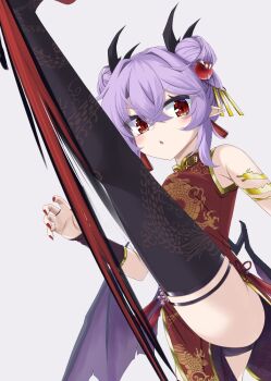 Rule 34 | 1girl, akisome hatsuka, alternate costume, alternate hairstyle, black thighhighs, blush, border, china dress, chinese clothes, commentary request, double bun, dress, earrings, hair bun, jewelry, leg up, looking at viewer, open mouth, pointy ears, purple hair, red border, red dress, red eyes, remilia scarlet, short hair, simple background, solo, thighhighs, touhou, white background