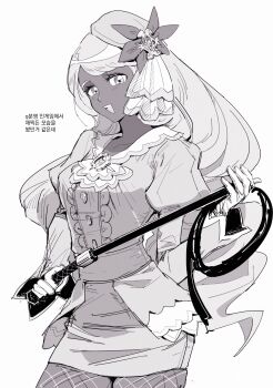 1girl dark-skinned_female dark_skin dress feet_out_of_frame fishnet_pantyhose fishnets flower gloves hair_flower hair_ornament highres holding holding_whip jacinthe_(pokemon) long_hair looking_at_viewer manyrowlet monochrome nintendo open_mouth pantyhose pokemon pokemon_legends:_z-a solo standing teeth translation_request upper_teeth_only very_dark_skin