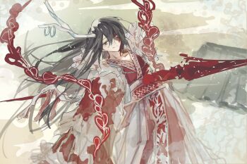 1boy absurdres androgynous black_eyes black_hair blood blood_on_face blue_eyes chinese_commentary closed_mouth commentary_request dragon_boy dragon_horns e.g.o_(project_moon) floating_hair hatoretasu heterochromia highres hong_lu_(project_moon) horns impaled limbus_company long_hair male_focus project_moon smile standing tears_of_the_tarnished_blood_(e.g.o)