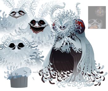 2boys antennae arthropod_boy black_sclera cape colored_sclera confused english_text evil_smile extra_eyes extra_mouth highres look_outside male_focus monster_boy moth_antennae moth_boy multiple_boys nervous_sweating open_mouth phillippe_(look_outside) pixel_art_inset red_eyes sam_(look_outside) sharp_teeth shpedya smile sweat teeth white_cape