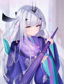 Rule 34 | 1girl, brown eyes, closed mouth, commentary request, fate/grand order, fate (series), grey hair, hands up, headpiece, highres, holding, japanese clothes, karaginu mo, kimono, long hair, long sleeves, looking at viewer, melusine (fate), petals, purple kimono, riya (01214), solo, very long hair, wide sleeves