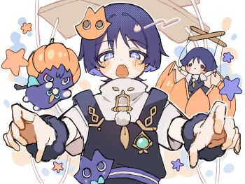 1boy aqua_gemstone belt black_overalls blunt_ends blush bright_pupils casual cat cat_hair_ornament character_doll contemporary cross-shaped_pupils doll fang feathers from_below fur_wrist_cuffs gem genshin_impact gold hair_ornament halloween halloween_costume highres kingyo_(nyankomanjyuu15) looking_at_viewer male_focus marionette marionette_controller official_alternate_costume open_hands open_mouth overalls pom_pom_(clothes) pumpkin pumpkin_hat puppet puppet_strings purple_belt purple_cat purple_eyes purple_hair reaching reaching_towards_viewer scaramouche_(cat)_(genshin_impact) scaramouche_(genshin_impact) shirt short_sleeves star_(symbol) symbol-shaped_pupils undershirt wanderer_(genshin_impact) white_background white_pupils white_shirt white_sleeves wispy_bangs wrist_cuffs yellow_feathers