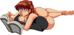 Rule 34 | 1girl, alcione makoto, all fours, ass, bare legs, blue eyes, book, brown hair, cameltoe, dress, foreshortening, highres, holding, holding book, huge ass, legs apart, long hair, micro panties, neon genesis evangelion, panties, reading, shirt, short dress, skindentation, smile, solo, source request, souryuu asuka langley, sundress, thong, toes, transparent background, underwear, white panties, wide hips