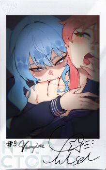 2girls absurdres biting blood blood_from_mouth blue_eyes blue_hair blush collarbone fang fangs frantic_(frantickohi) green_eyes hair_between_eyes highres hololive hoshimachi_suisei multiple_girls neck_biting open_mouth pink_hair sakura_miko school_uniform vampire virtual_youtuber yuri