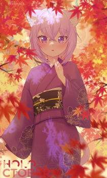 1girl absurdres ahoge alternate_costume animal_ears autumn_leaves black_sash blurry blurry_foreground blush cat_ears cat_girl cat_tail commentary_request cowboy_shot crossed_bangs depth_of_field double-parted_bangs floral_print floral_print_kimono furisode hair_between_eyes highres hololive japanese_clothes kimono leaf looking_at_viewer maple_leaf nekomata_okayu obi obiage obijime parted_lips print_kimono purple_eyes purple_hair purple_kimono sash short_hair solo sparkling_eyes surprised tail tebingo virtual_youtuber wide_sleeves