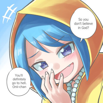 1girl :d bead_necklace beads blue_hair blue_sky blush bright_pupils close-up cloud cloudy_sky commentary covering_own_mouth cross english_text fang from_side grin hand_over_own_mouth hand_up highres hood hood_up insult insulting_viewer jewelry jubilee_2025 latin_cross laughing looking_at_viewer looking_to_the_side luce_(jubilee_2025) max_manster mesugaki motion_lines naughty_face necklace notice_lines open_mouth outdoors portrait purple_eyes raincoat raised_eyebrows rosary short_hair sidelocks sky smile smug solo speech_bubble swept_bangs teasing white_pupils yellow_raincoat