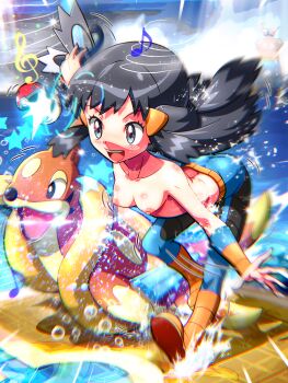 1girl :d black_hair blue_legwear blurry blush body_blush boots breasts bubble commentary_request cosplay crasher_wake crasher_wake_(cosplay) dawn_(pokemon) eyelashes floating_hair floatzel gen_4_pokemon grey_eyes hair_ornament hairclip highres leggings long_hair musical_note nintendo nipples open_mouth orange_boots poke_ball pokemon pokemon_bdsp rorretsim shoes sidelocks smile teeth tongue topless_female upper_teeth_only water