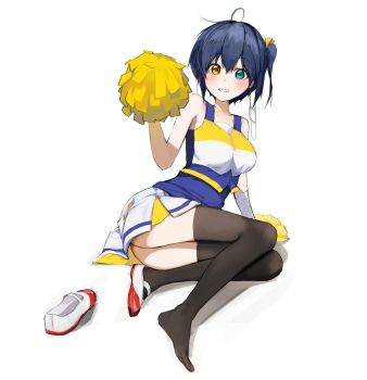 Rule 34 | 1girl, ahoge, aqua eyes, arm support, ass, bandaged arm, bandages, bare shoulders, black thighhighs, blush, breasts, cheerleader, chuunibyou demo koi ga shitai!, clenched teeth, collarbone, commentary request, eyepatch, full body, gunu (nyzn3223), hair ribbon, heterochromia, highres, holding, holding pom poms, looking at viewer, lying, medium breasts, miniskirt, official alternate costume, on side, one side up, pleated skirt, pom pom (cheerleading), pom poms, ribbon, shirt, shoes, short hair, simple background, single shoe, skirt, sleeveless, sleeveless shirt, solo, takanashi rikka, teeth, thighhighs, thighs, unworn eyepatch, uwabaki, white background, white skirt, yellow eyes, yellow ribbon, zettai ryouiki