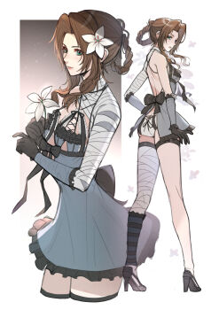 1girl absurdres aerith_gainsborough aerith_gainsborough_(garb_of_the_possessed) ass back_bow backless_outfit bandaged_arm bandaged_leg bandaged_neck bandages black_gloves blue_negligee bow braid braided_hair_rings brown_hair butt_crack cosplay cropped_legs final_fantasy final_fantasy_vii final_fantasy_vii:_ever_crisis flower full_body gloves green_eyes hair_flower hair_ornament hair_rings highres kaine_(nier) kaine_(nier)_(cosplay) lingerie lukrevadraws lunar_tear negligee nier nier_(series) official_alternate_costume official_alternate_hairstyle single_bare_shoulder standing underwear upper_body