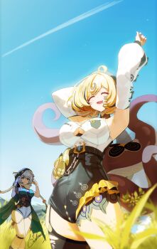 2girls absurdres adjusting_hood animal_ears arms_up asymmetrical_shorts beret black_hat black_shorts black_unitard blonde_hair blue_hair blue_sky blurry blurry_foreground braid breasts button_gap choker cleavage closed_eyes closed_mouth commentary_request cowlick detached_sleeves garter_straps ginlear goat_ears goat_girl goat_tail grass hat high-waist_shorts highres hood hood_up key key_choker knee_strap large_breasts long_hair lucia_elowen multiple_girls open_mouth outdoors pointy_ears shirt short_hair shorts signature single_garter_strap single_thighhigh sky smile suction_cups tail tentacle_girl tentacle_tail tentacles thighhighs torn_clothes torn_thighhighs twin_braids white_shirt yidhari_murphy zenless_zone_zero