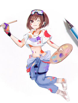 1girl a_asn56 blue_pants breasts brown_eyes brown_hair cleavage closed_mouth clothes_around_waist collarbone crop_top eyelashes fingerless_gloves fingernails full_body gloves goggles goggles_on_head highres holding holding_paint_palette holding_paintbrush midriff navel one_eye_closed orange_sports_bra paint_on_body paint_on_clothes paint_palette paint_splatter paint_splatter_on_face paintbrush pants pen project_sekai purple_gloves shinonome_ena shirt shoes short_hair short_sleeves simple_background single_fingerless_glove smile solo sports_bra star_(symbol) white_background white_shirt white_shoes